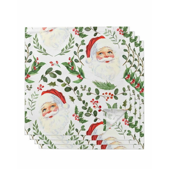 Christmas Santa Cloth Napkins Set of 4, Xmas Botanical Berry Watercolor Washable Reusable Dinner Cocktail Napkin for Kitchen Party Wedding Banquet Holiday Baby Shower Table Decor
