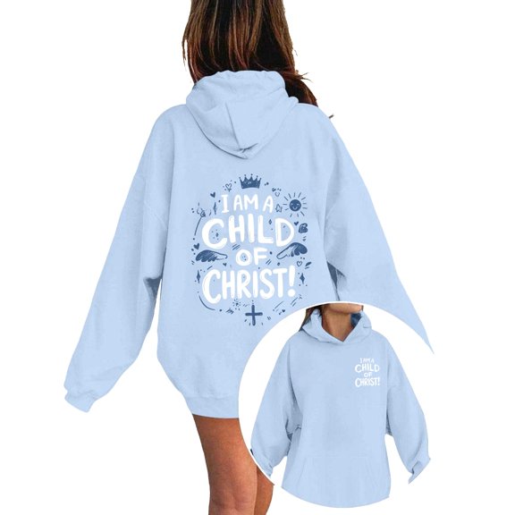 ZHOGXU Girls Casual Hooded Sweatshirt Cartoon Letter Print Long Sleeve Pullover Hoodie With Pocket For Kids School Clothes Loose Fit Everyday Wear,Light Blue,12-13 Years