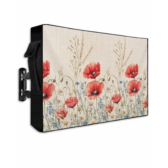 Red Poppy Flower Outdoor TV Cover 40 to 43 Inch Weatherproof, Patriotic Botanical Summer Floral 600D Oxford TV Covers with Waterproof Zipper, Outside Flat TV Screen Protector Size 40"W x 25"H x 4.5"D