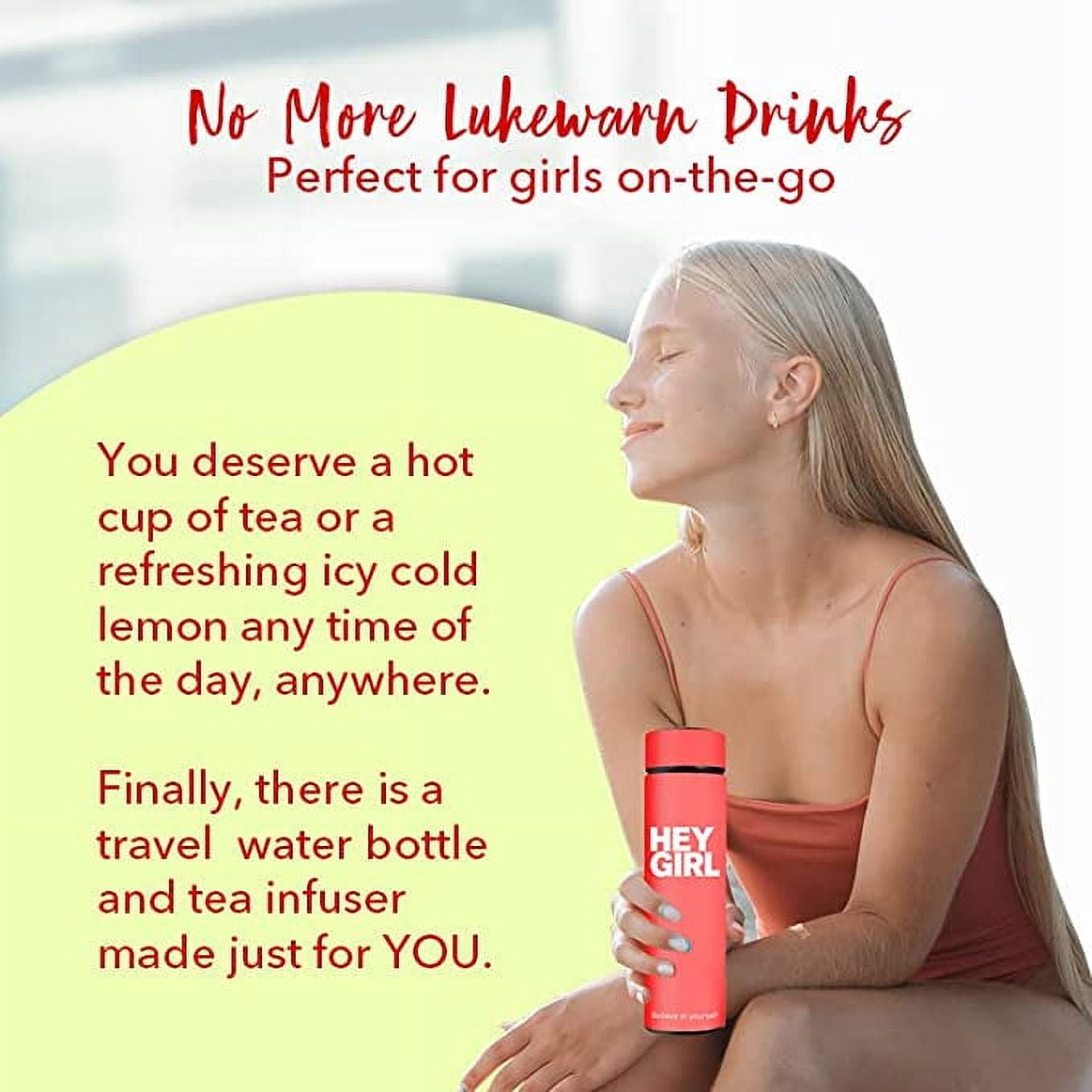 Hey Girl Tea Infuser Bottle 450ml - Insulated Stainless Steel Water Bottle (Coral Red)
