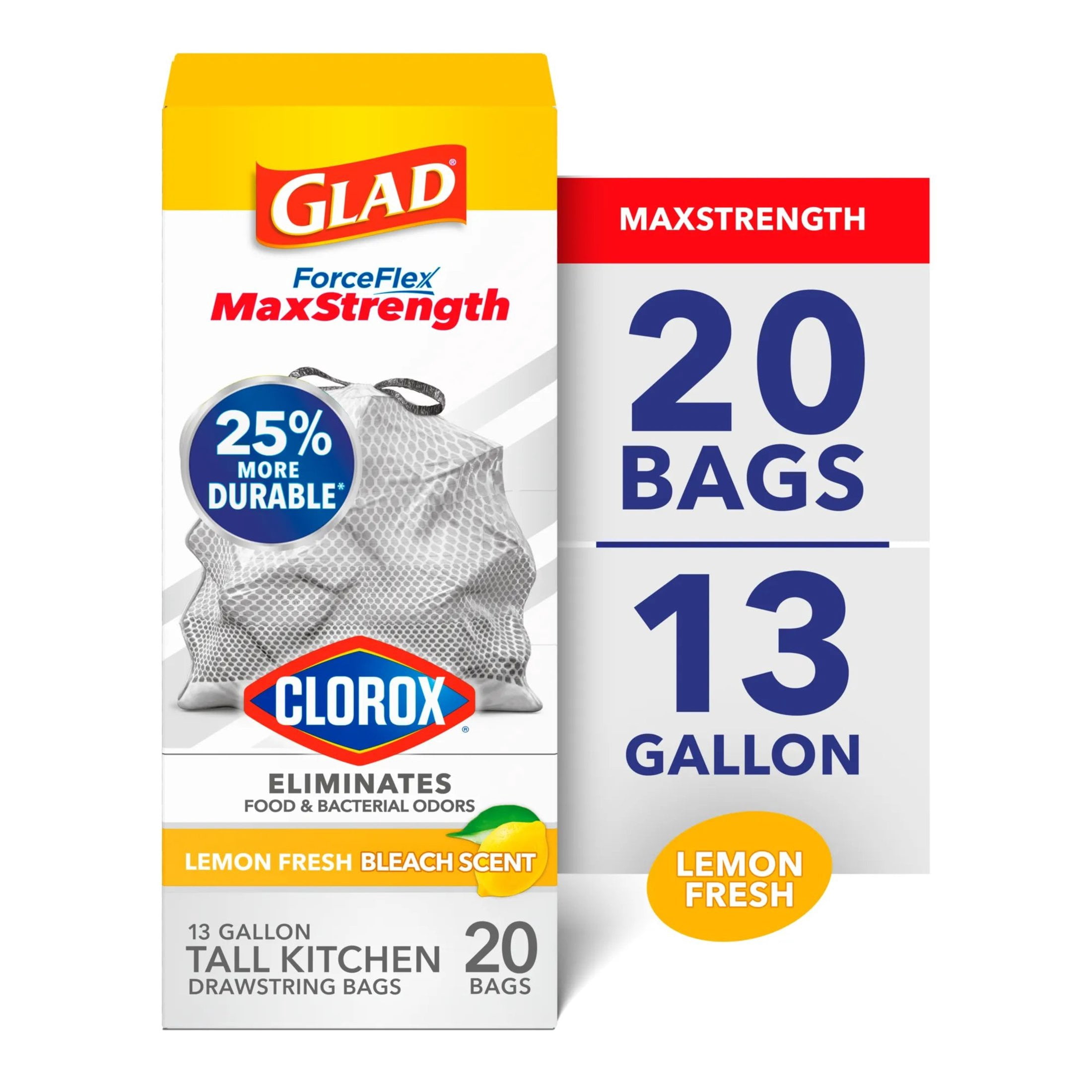 (6 pack) Glad ForceFlex MaxStrength 13-Gallon Drawstring Tall Kitchen Bags, Lemon Fresh Bleach Scent, 20 Bags