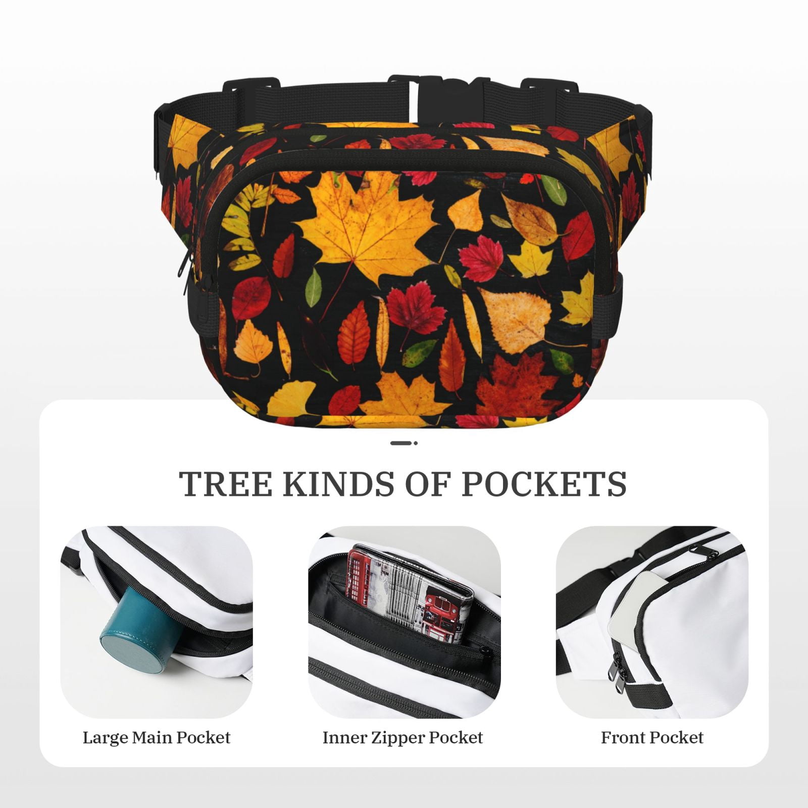 Picia Autumn Maple Leaves A Print Square Double-Layer Waist Bag Mini Adjustable Waist Belt Bag Exercise Running Travel Hiking