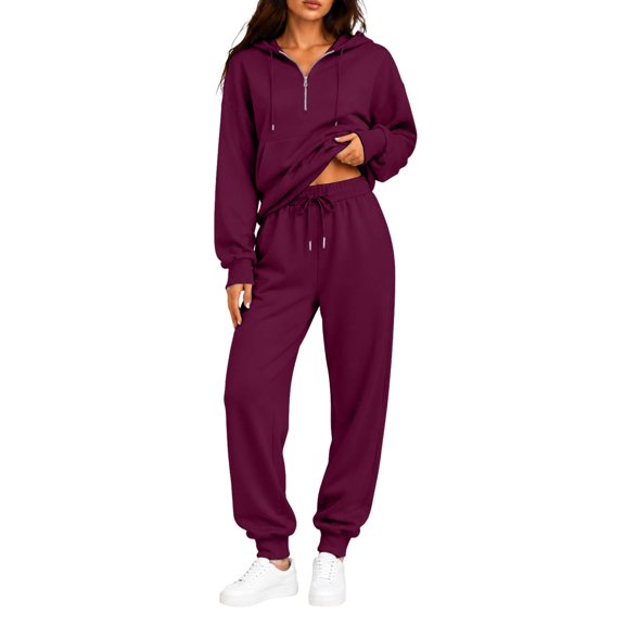 Women's 2 Piece Tracksuit Set Half Zip Hoodie Drawstring Kangaroo Pocket Elastic Waist High Waisted Drawstring Wide Leg Pants Plush Lined Pullover Top for Fall Winter Daily Wear Wine_#48 XL