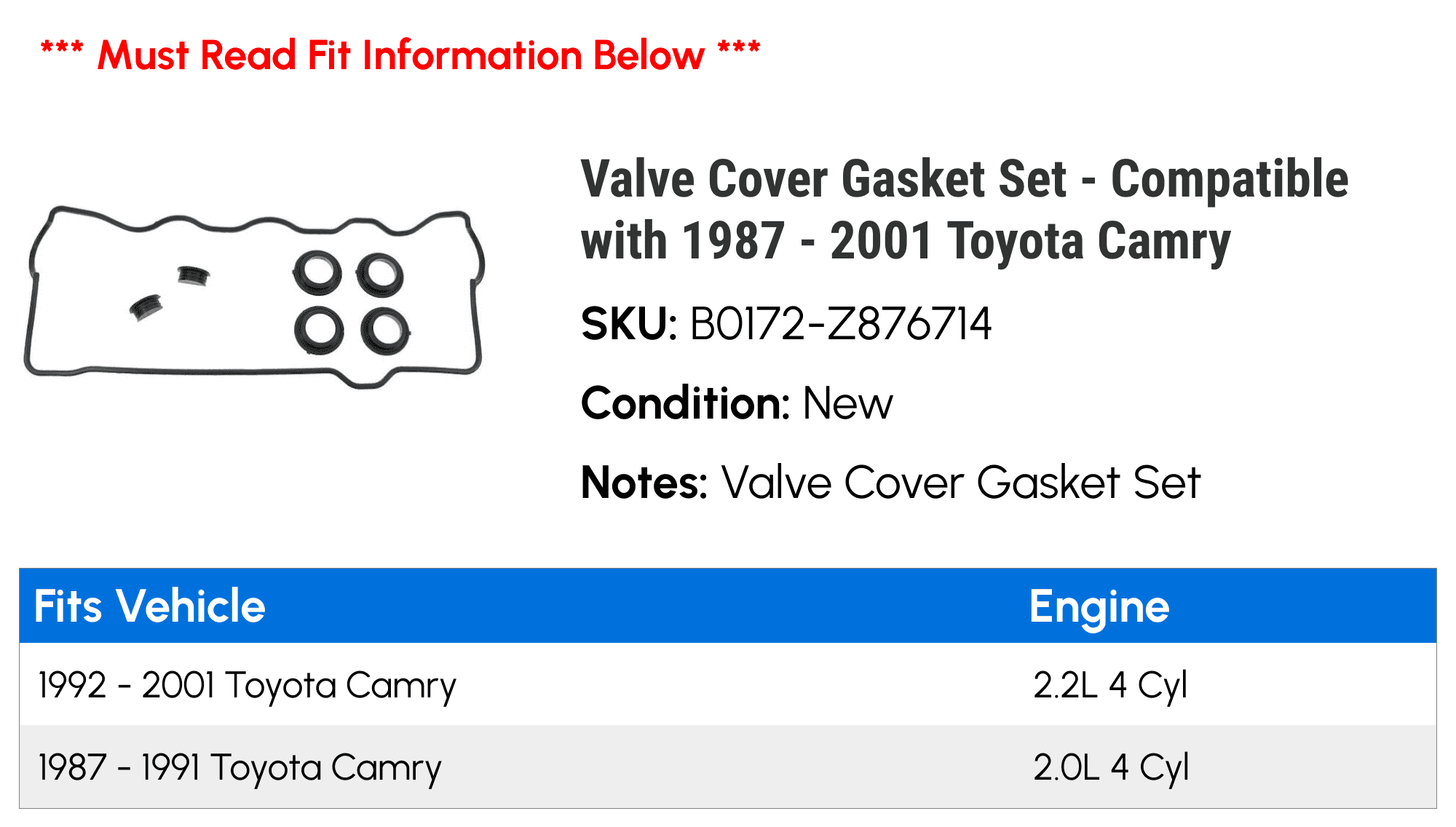 Valve Cover Gasket Set Compatible with 1987 2001 Toyota Camry 1988 1989  1990 1991 1992 1993 1994 1995 1996 1997 1998 1999 2000