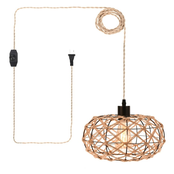 Plug in Pendant Light Woven Rattan Hanging Light with Dimmable On/Off Switch 15Ft Rope