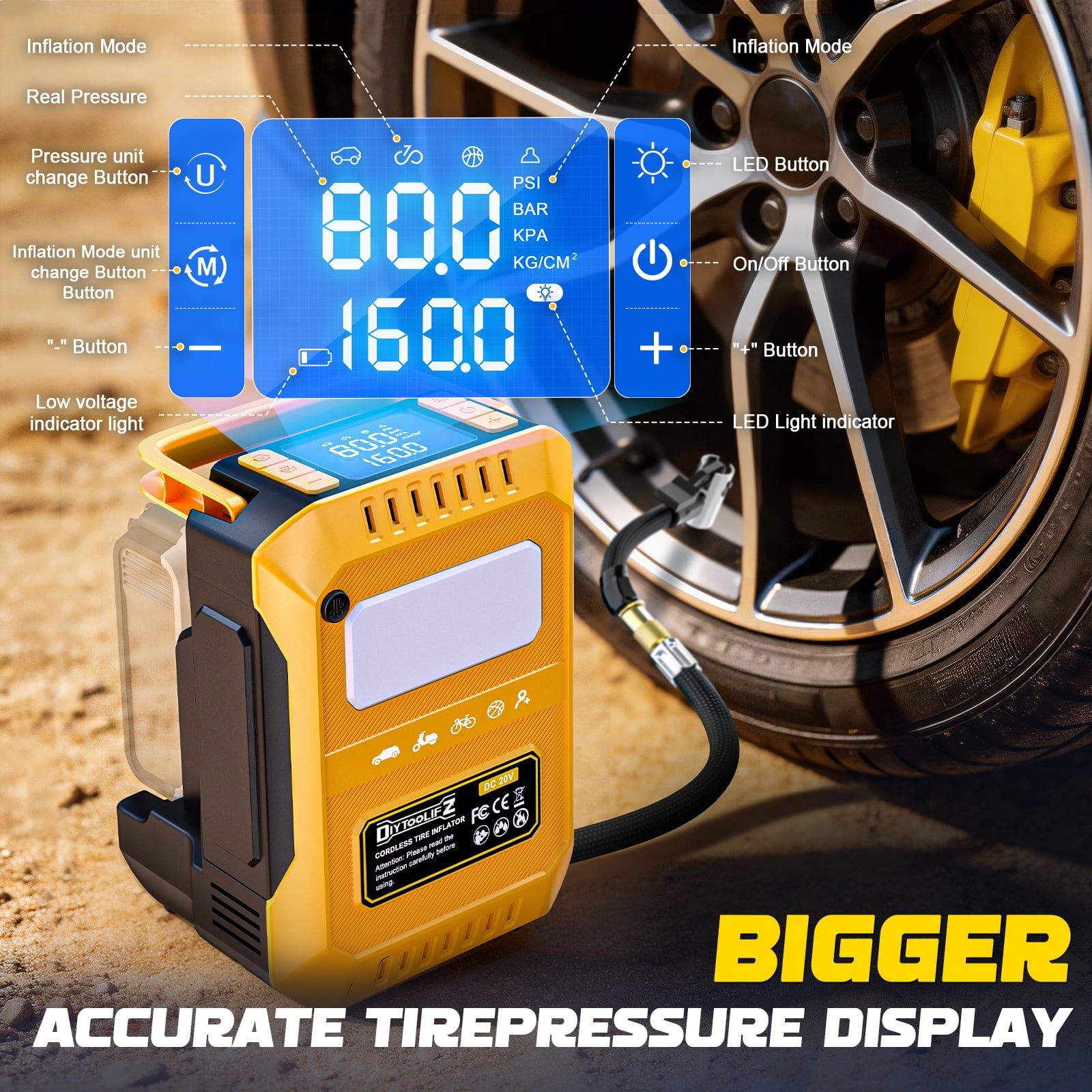 Tire Inflator Portable Air Compressor Compatible with Dewalt 20V Battery, Cordless Bike Pump 160 PSI Car Tires Air Pump with LED Lights & Digital LED Display for Auto, Motorcycles, Balls (Tool Only)
