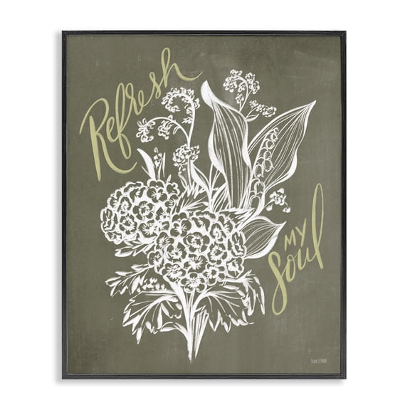 Stupell Industries Farmhouse Refresh My Soul Botanical Flower Leaf Sprouts Stencil Black Framed Giclee Art, 11 x 14, by House Fenway
