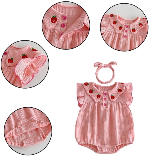 LYMAYTER Baby Girls Summer Romper Strawberry Print Short Sleeve Bubble Bow Lightweight Comfort Wear 3-24M
