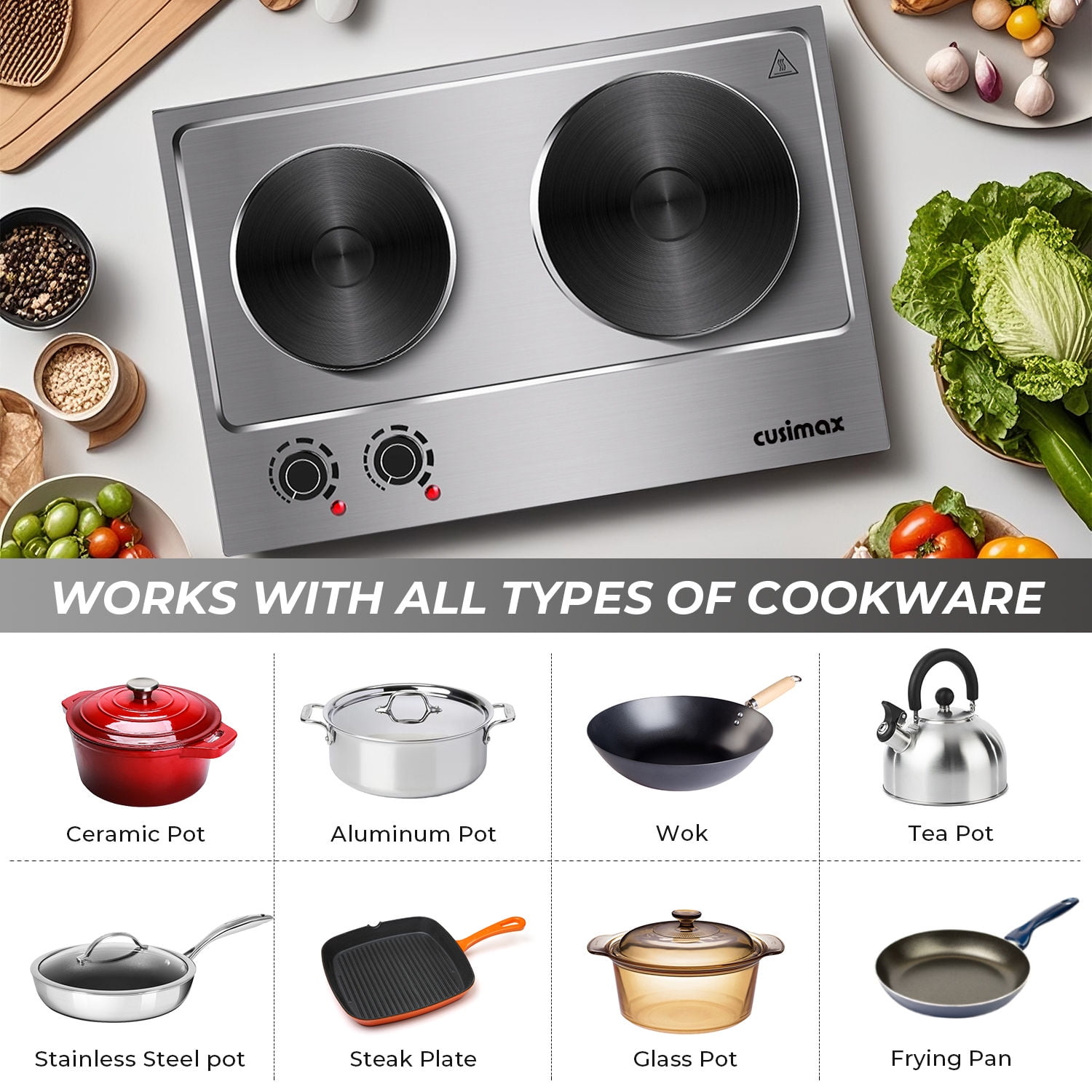 CUSIMAX 1800W Portable Double Burner Hot Plate – Stainless Steel Countertop Electric Cooktop with Dual Cast Iron Heating Plates, Easy-to-Clean Silver Design, Upgraded Version
