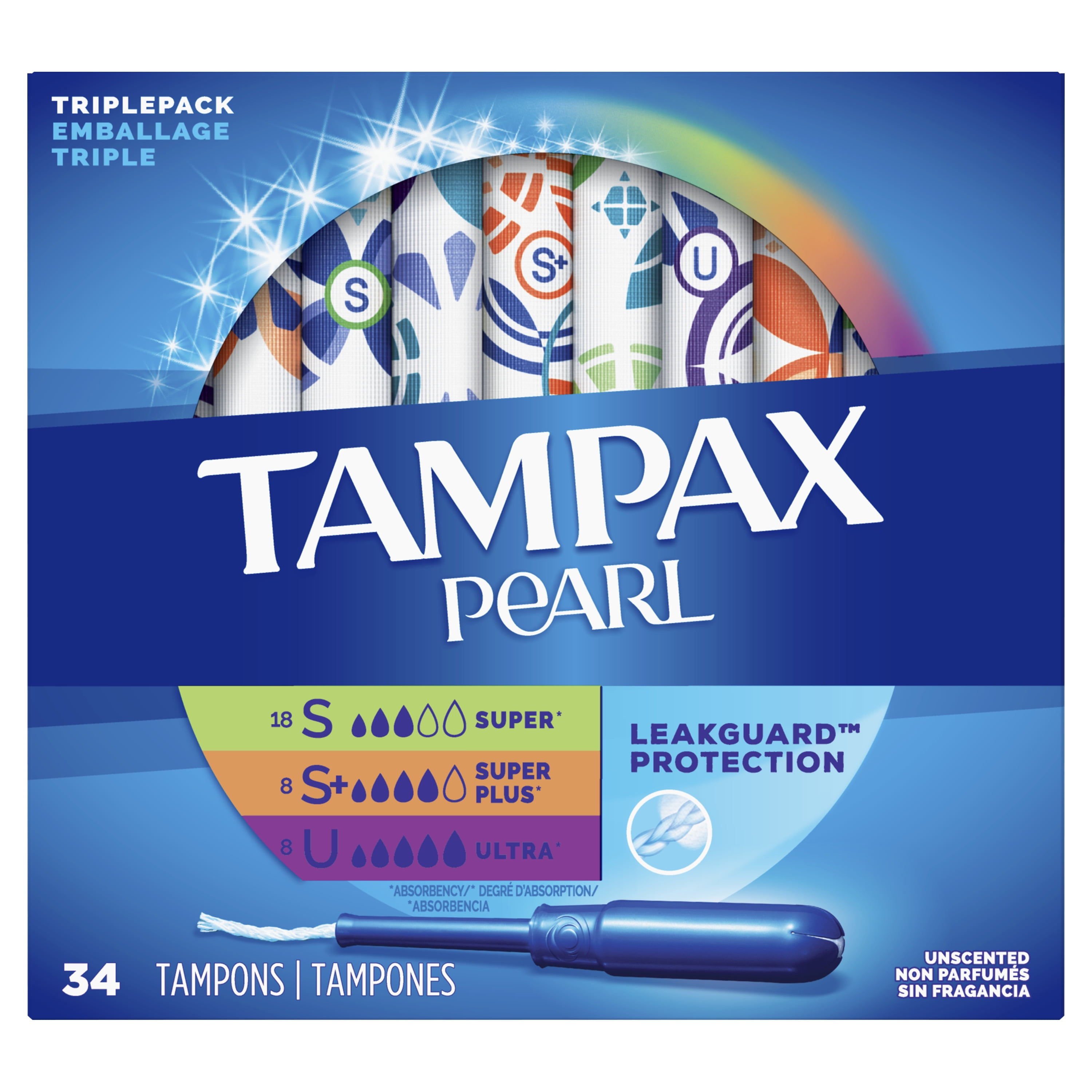 Tampax Pearl Tampons, TriplePack, Sup/Sup Plus/Ultra, Unscented, 34 ct