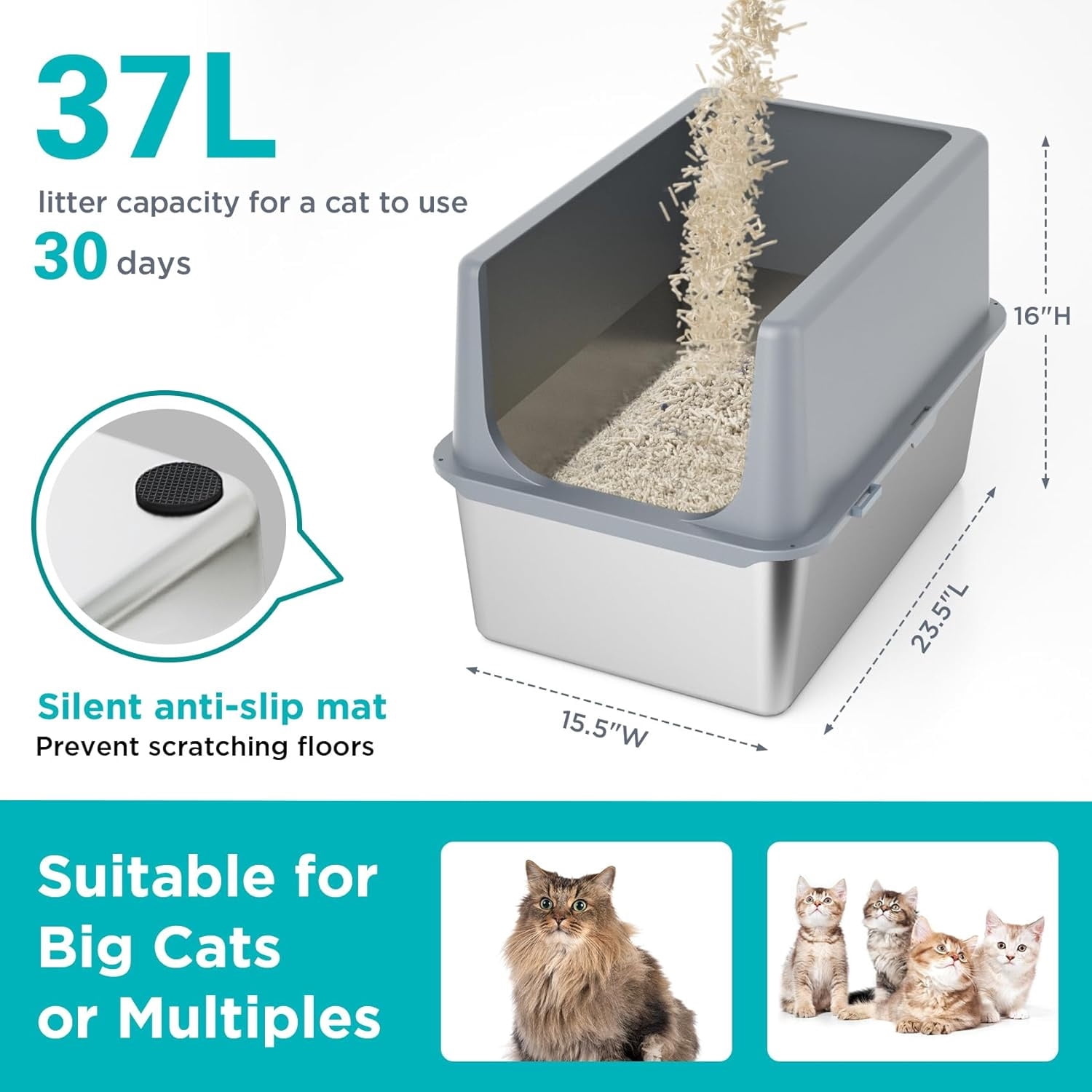 Stainless Steel Litter Box with Lid, XL Metal Cat Box for Indoor Cats, Enclosure Cat Litter Pan for Large Cats, Non-Sticky Large Kitty Litter Box, Anti-Leakage, 23.5" X 15.5" X 16"
