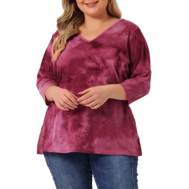 Tops de mujer plus size Agnes Orinda, con diseño de rayas tie dye, cuello en V, mangas 3/4, blusas casuales 6X en color rosa intenso