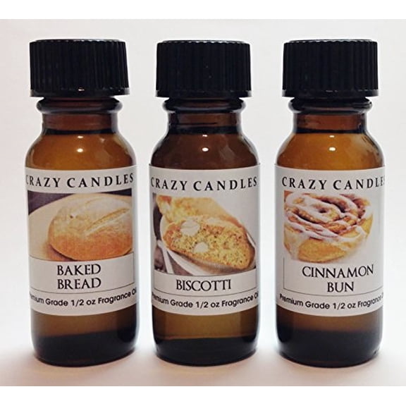 3 Bottles Set, 1 Baked Bread, 1 Biscotti, 1 Cinnamon Bun 1/2 Fl Oz Each 15ml Premium Grade Scented Fragrance Oils By Crazy Can
