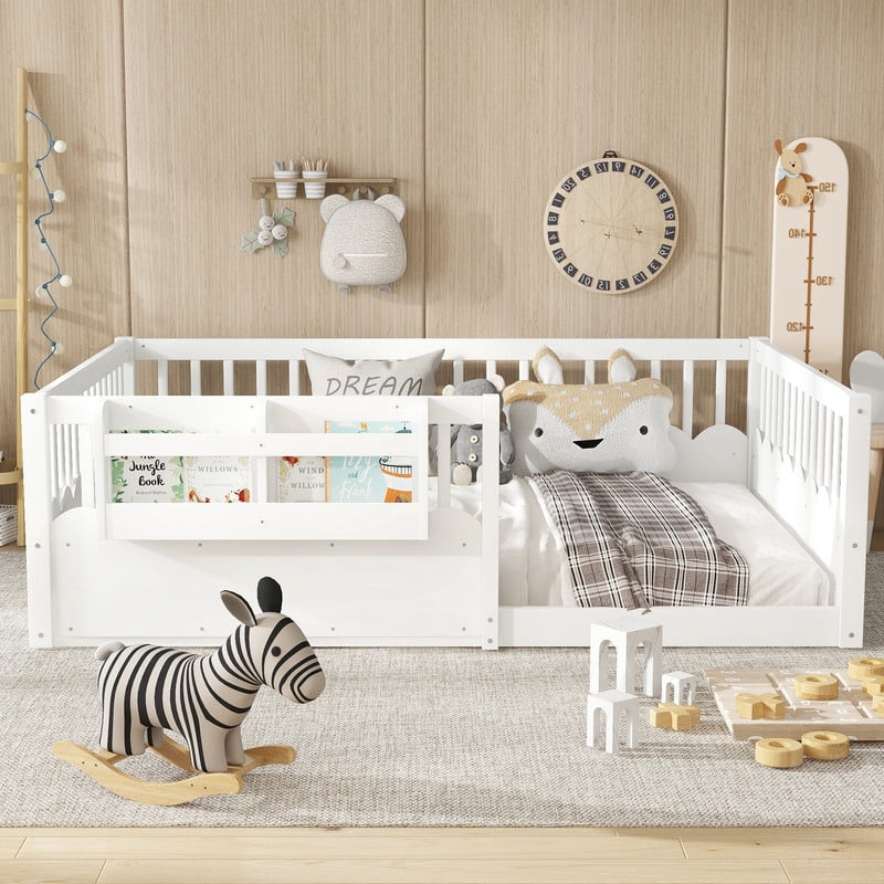 Full Size Floor Bed with Heightened Fence, Kids Platform Bed Frame with No Slat, Montessori Storage Bed with Bookshelf