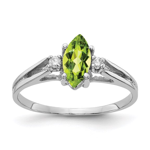 14K White Gold Ring Band Gemstone Peridot Marquise Green Diamond Round