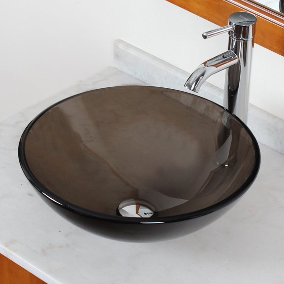 Elite Brown Tinted Transparent Round Glass Bathroom Vessel Sink Bowl with Chrome Pop-up Drain and Mounting Ring - GD53 P01008C