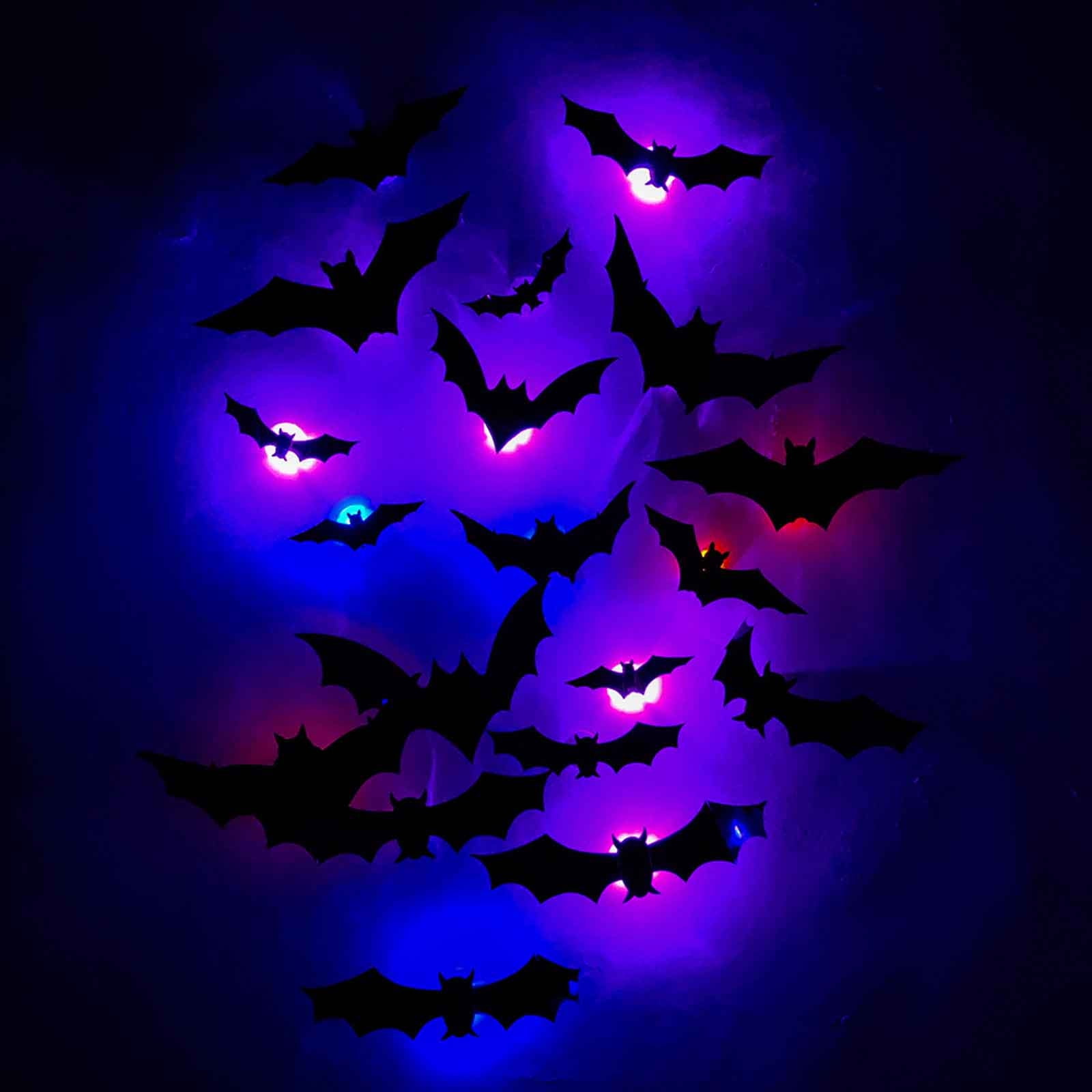 Pompotops Halloween Decorations Three-dimensional Halloween LED Night Light Bats Holiday Party Window Display Garage Decoration PVC Flash Wall Stickers 12/24/48/60pcs