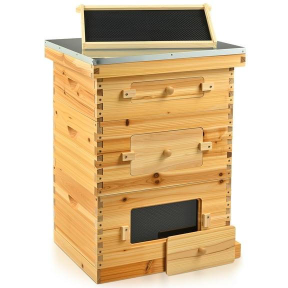 Wooden Beehive Deep Frame with 3 Hive Box for Complete Hive w/ Metal Roof for Beekeeping