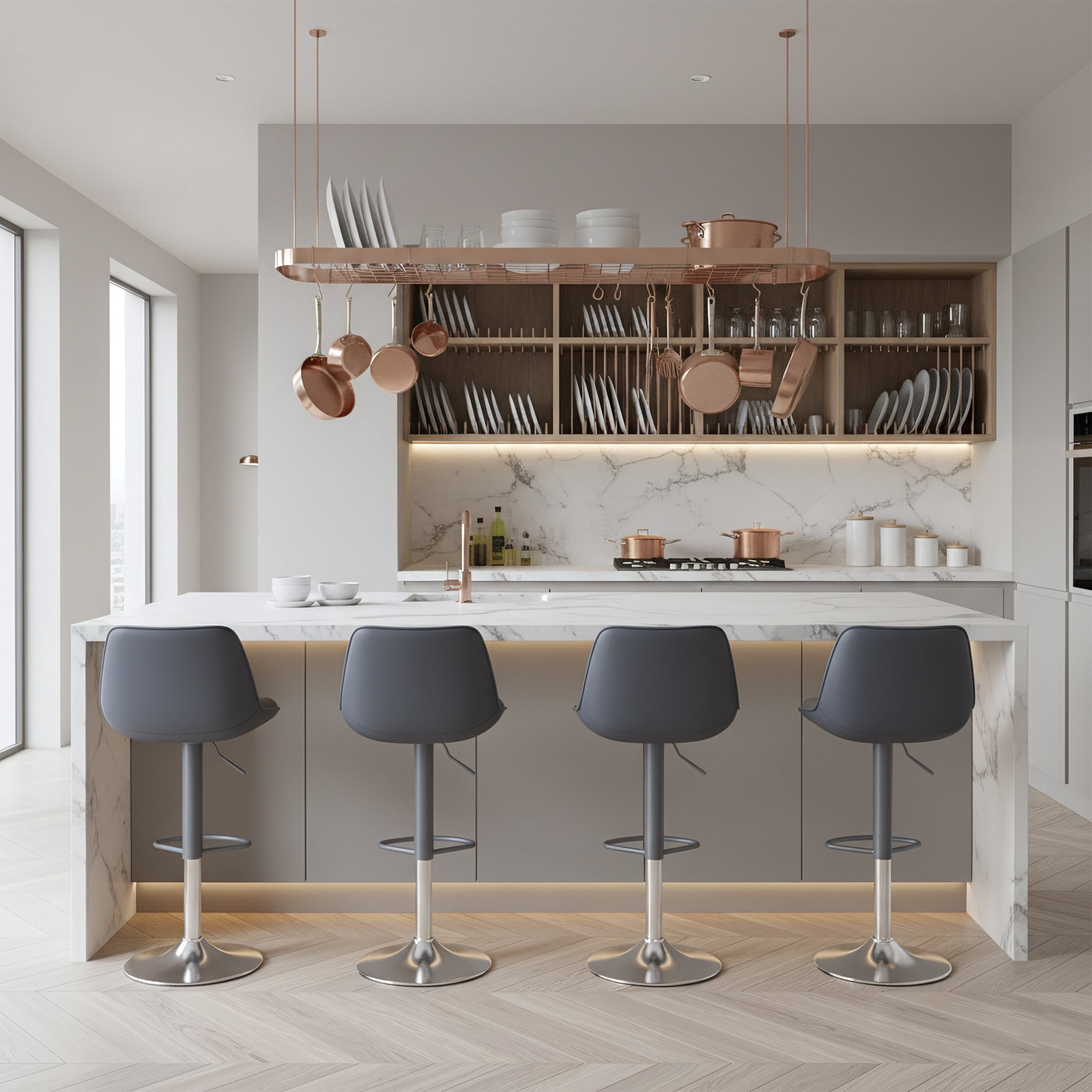 EOP Upholstered Bar Stools Set of 4, Adjustable Swivel Counter Height Bar Chairs with Backrest, Modern PU Leather Counter Stools for Bar, Kitchen, Dining Room, Blue
