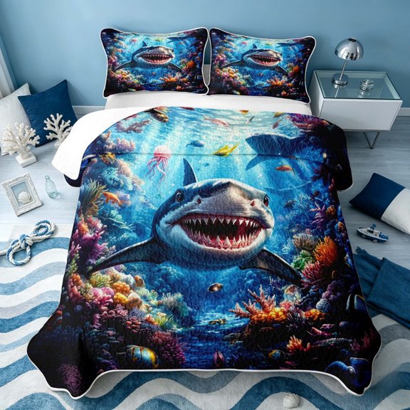 Erosebridal Ocean Shark Twin Quilt Set, Sea Fish Twin Coverlet Set, Black Reversible 2 Pieces, 1 Bedspread and 1 Pillowcase