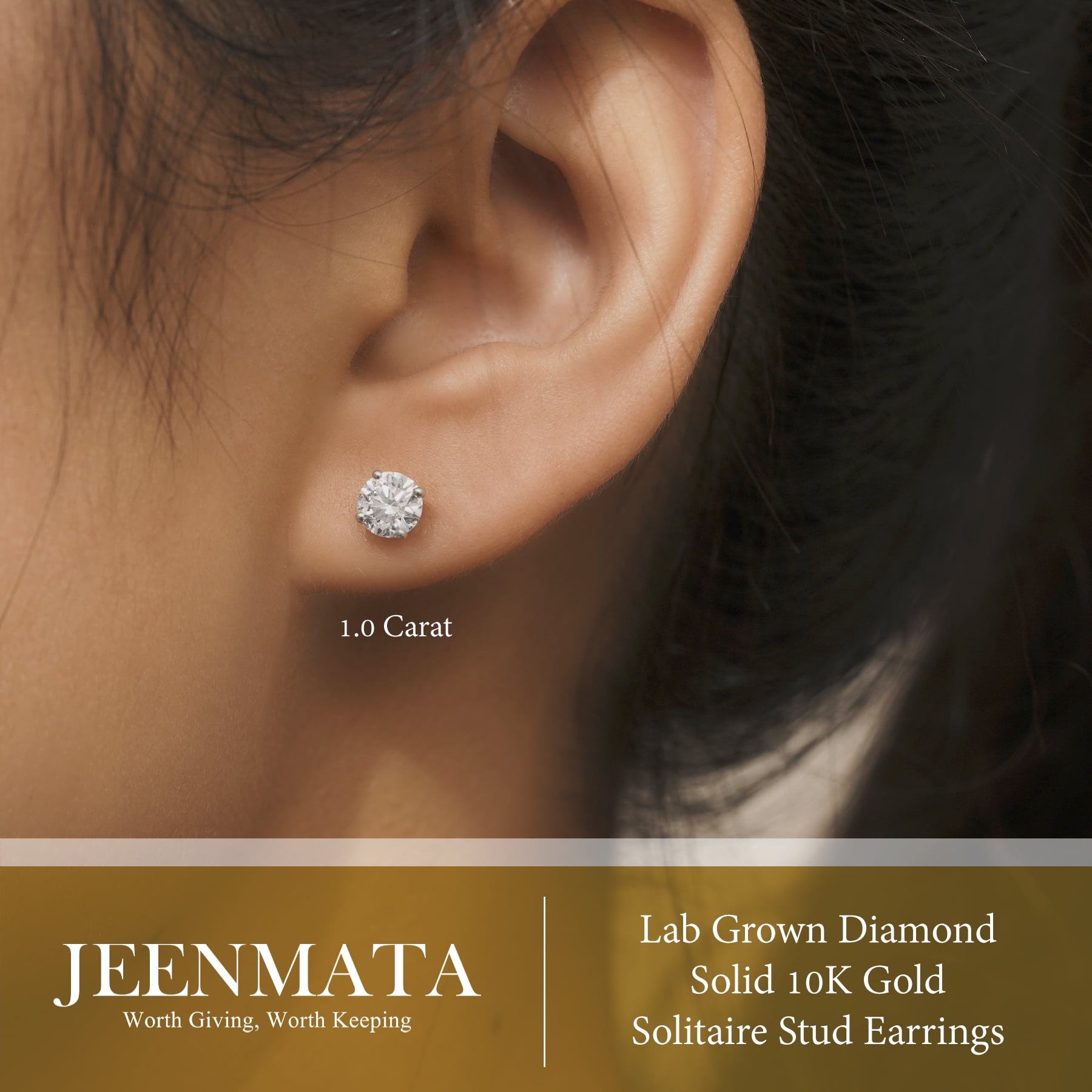 JeenMata Lab Grown Diamond Earrings 1 Carat Round Cut Real Solid 10K White Gold Solitaire Studs for Women