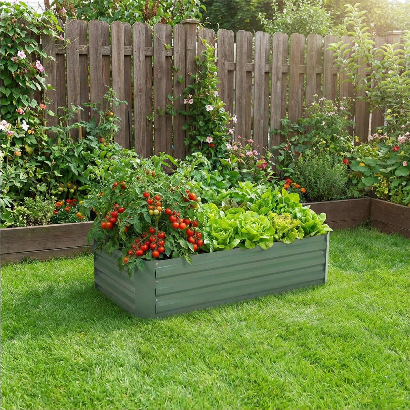 BPS 4x2x1 ft Galvanized Metal Raised Garden Bed Green Planter Box for Vegetables Flowers