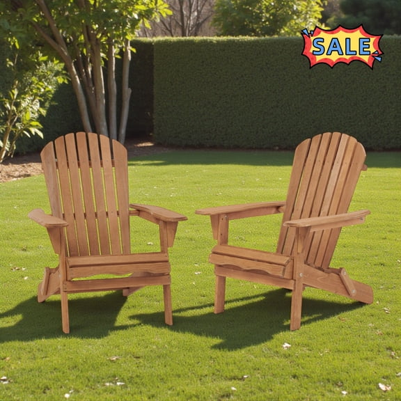 Tcbosik Foldable Adirondack Chairs Set of 2, Outdoor Lawn Chair, Solid Wood Lounge Chair for Patio, Porch, Backyard, Light Brown