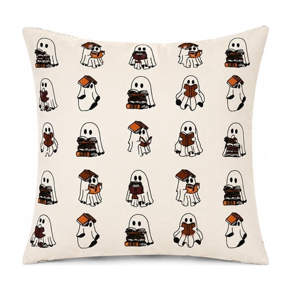 QISIWOLE Halloween Reading Ghosts Throw Pillows Cover, 18x18 Inch Halloween Cute Ghost Reading Book, Bookish Pillows Cover for Indoor Outdoor Home Sofa Decor, Gift for Read Lovers