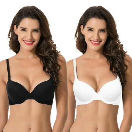 Curve Muse Women s Light Lift Add 1 Cup Push Up Underwire Convertible Tshirt Bra-2PK-BLACK WHITE-42D