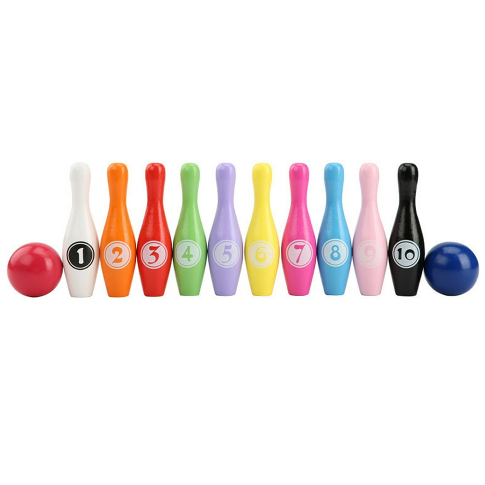 SANWOOD Bowling Ball Toy Wooden Colorful Number Bowling Ball Pin Set