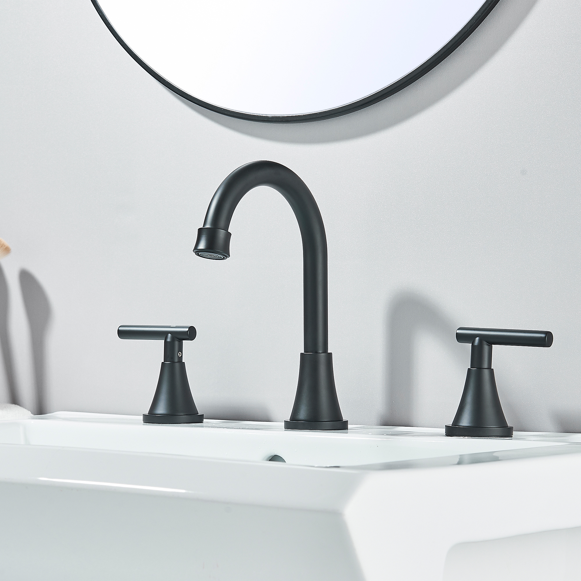 Zovajonia Matte Black  Bathroom Faucet 3 Hole Vanity, 2 Handle 360° Swivel 8 Inch Widespread Bathroom Sink Faucet , with Pop-up Drain, Supply Lines