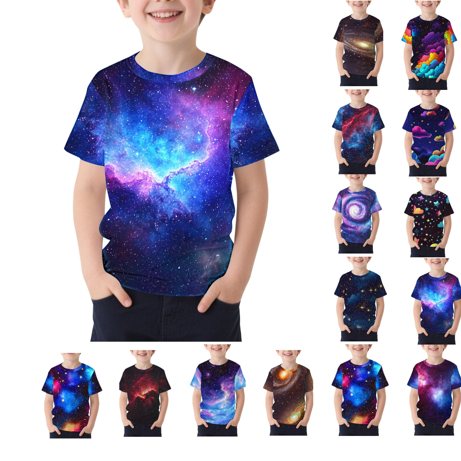 Afuyipoi Boys T-Shirt Casual Short Sleeve Starry Sky Print Classic Crew Neck Soft Tees Multicolor 14-15T