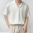 thumbnail image 3 of Men Striped Lapel Short Sleeve Button Shirt Korean Casual Solid Color Streetwear, 3 of 9