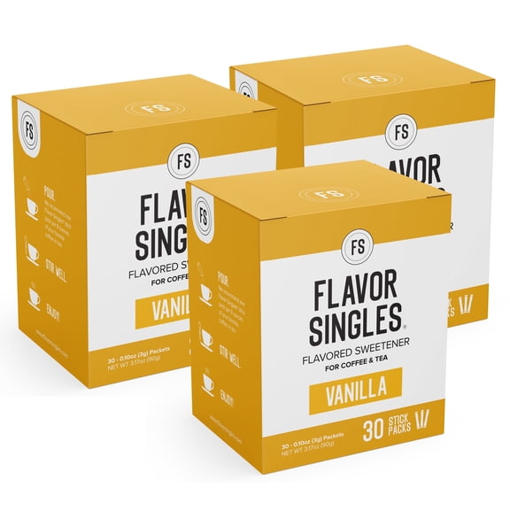 Flavor Singles Vanilla Powdered Sweetener Packets for Coffee & Tea, Travel Ready Single-Serve Syrup Alternative, 30 Count  (Pack of 3)