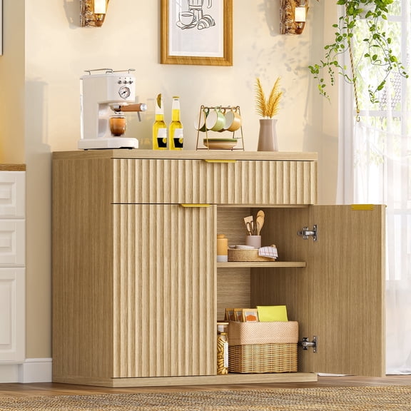 Fluted Buffet Cabinet With Storage, 31.5" Sideboard Cabinet, Coffee Bar Cabinet With 2 Doors And Adjustable Shelf For Living Room, Kitchen, Entryway, Natural