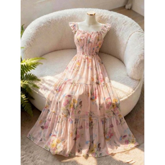 Pink Ditsy Floral Chiffon A-Line Maxi Dress With Ruffle Off-Shoulder Straps And Waist Gathered Detail