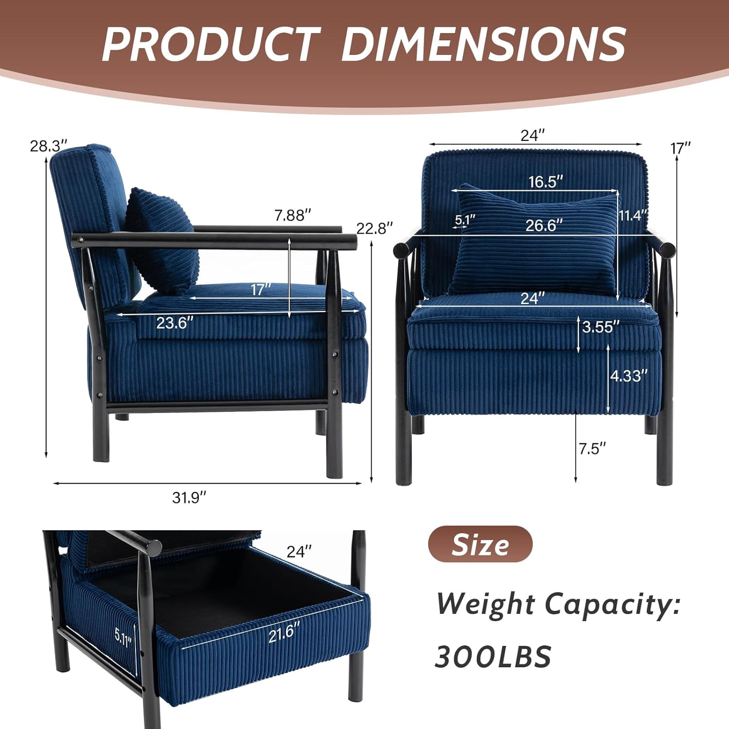 MOONMISS Accent Chair with Hidden Storage, Armchair with Solid Wood Frame, Corduroy Fabric Accent Chair for Living Room,Blue