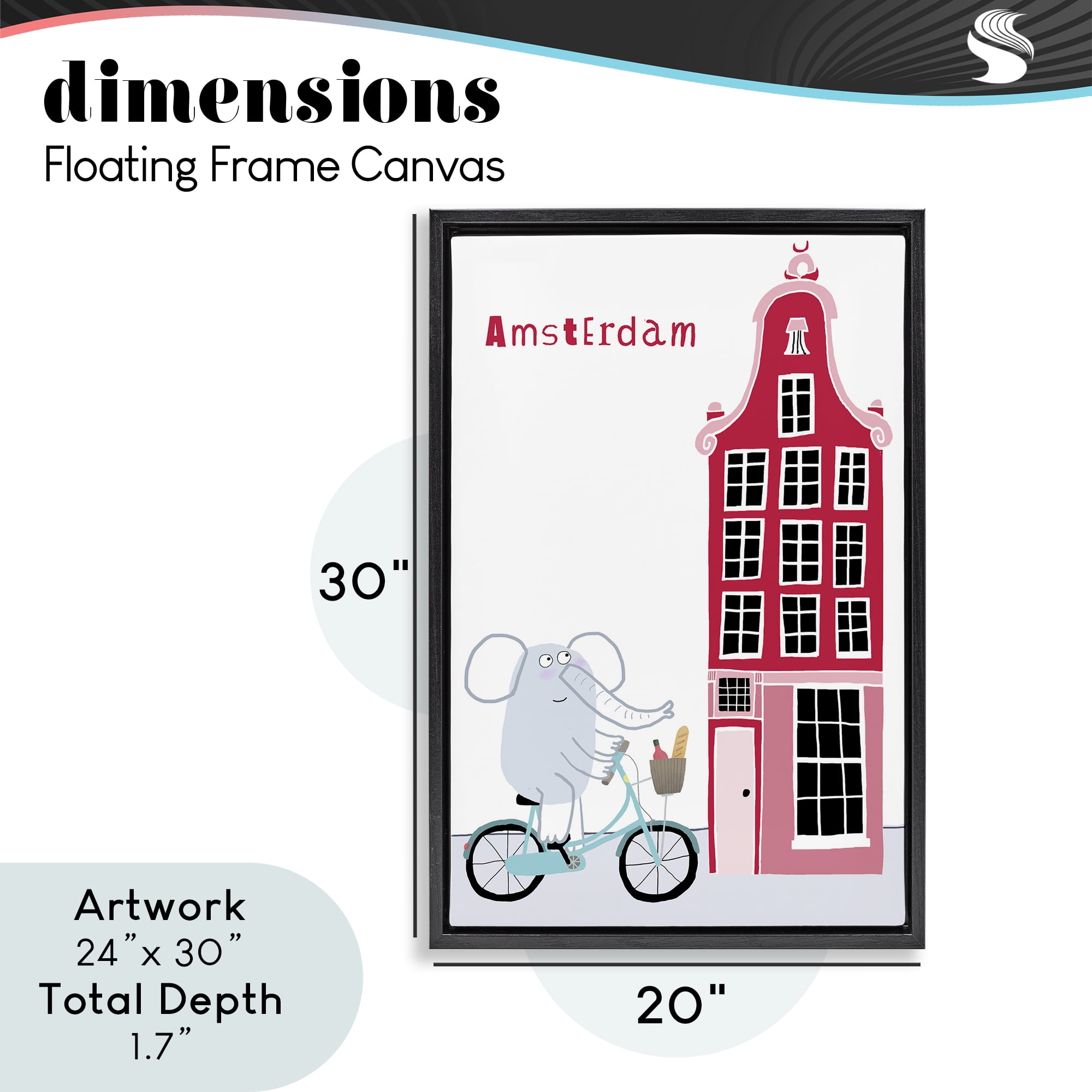 Elephant & Amsterdam Building Black Framed Floater Canvas Wall Art, design by Carla Daly