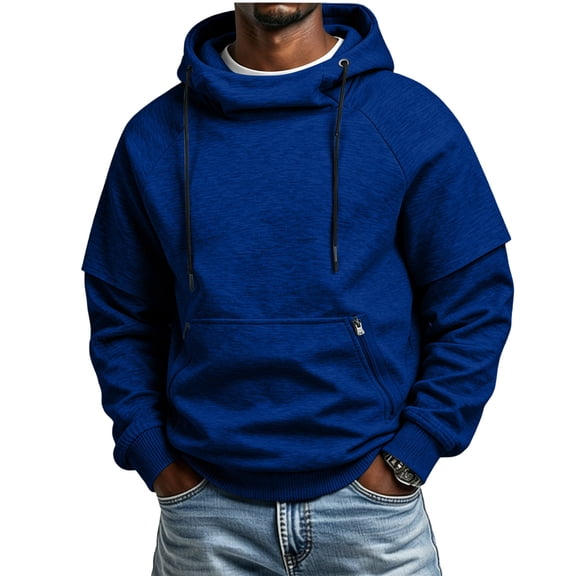 hoksml Men's Funnel Neck Hoodie with Layered Sleeves, Drawstring Raglan Pullover with Zipper Pocket, Loose Cut Casual Streetwear Top in Solid Colors