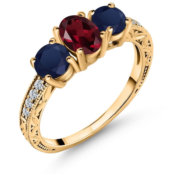 Gem Stone King 2.22 Ct Oval Red Rhodolite Garnet Blue Sapphire 18K Yellow Gold Plated Silver Ring (Size 8)