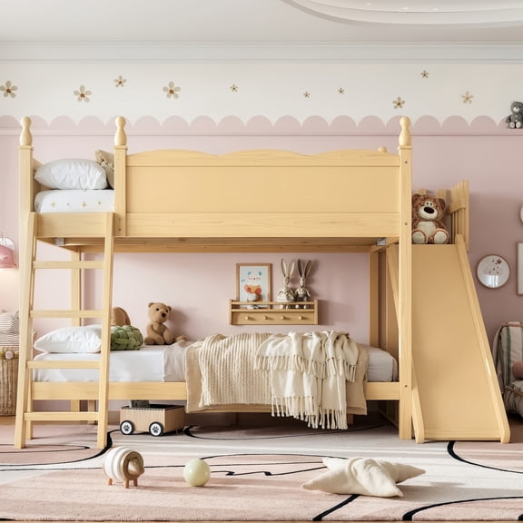 DRNANLIT Full over Full Bunk Bed with Slide, Ladders & Storage Shelves, Low Profile, Natural