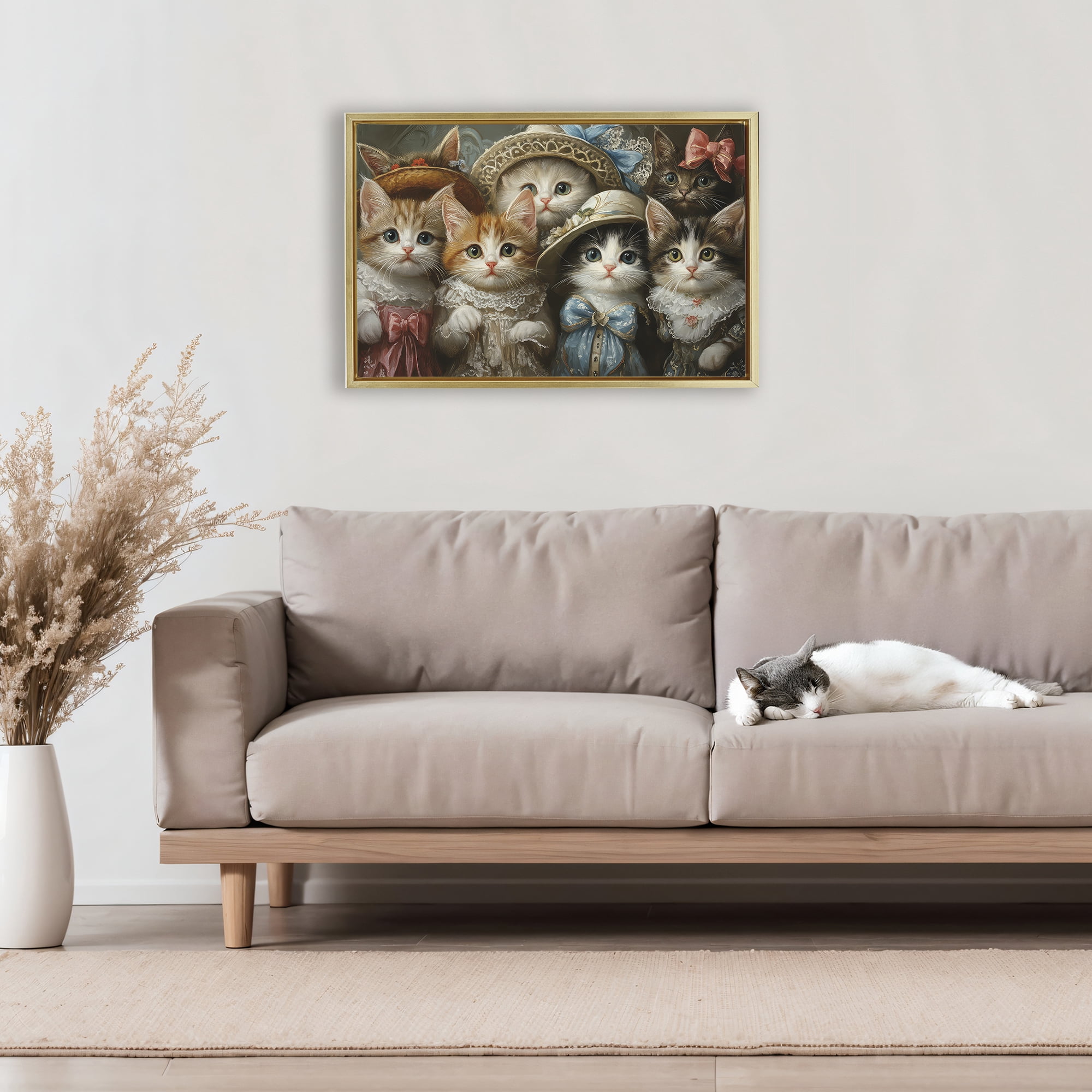 Stupell Industries Fashionable Vintage Cats Gold Framed Floater Canvas Wall Art, design by The Wands Want