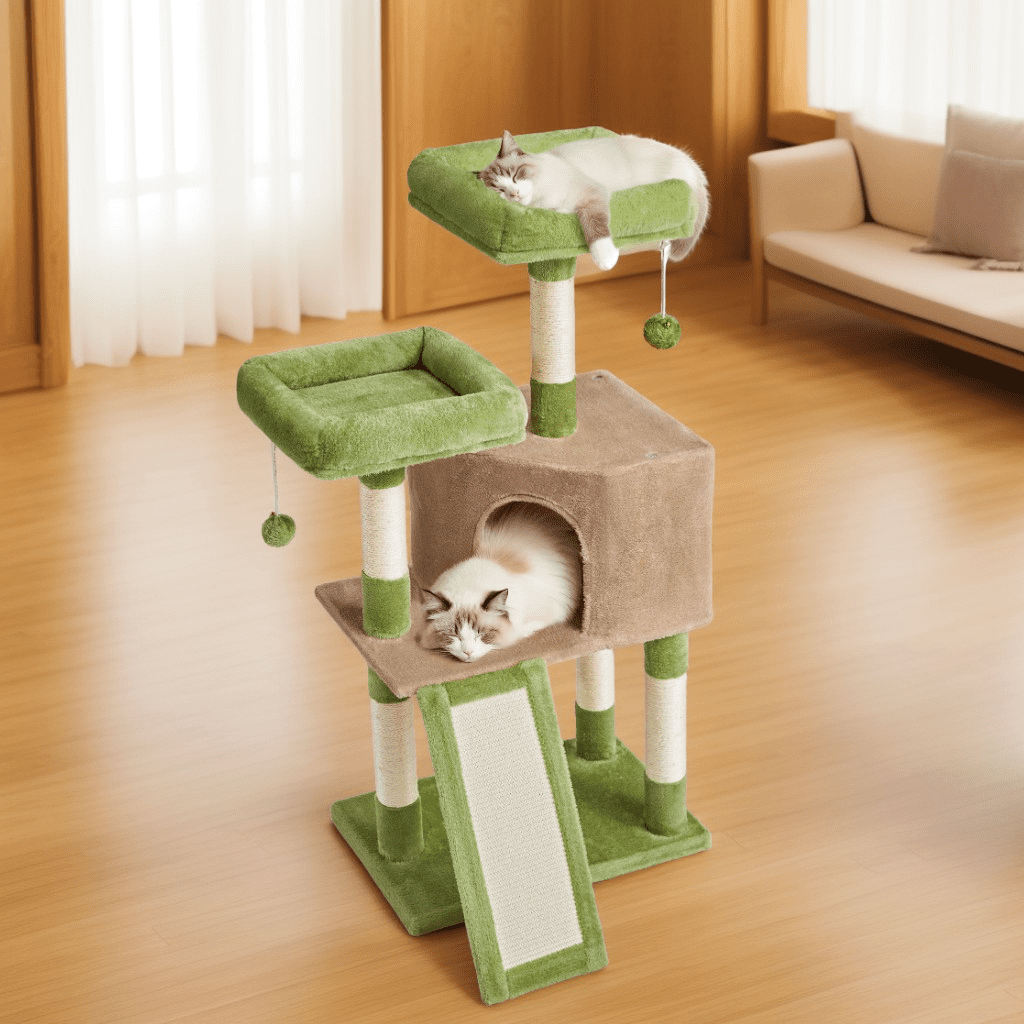LEDREM Cat Tower, 45.3-Inch Indoor Cat Tree with Scratching Ramp, Perches, Spacious Cat Cave, Multi-Level Condo for Kittens, Adult Cats, Grass Green and Camel Brown