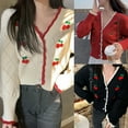 thumbnail image 2 of Fusipu Long Sleeve V-Neck Sweater Cardigan Single-Breasted Cherry Print Sweet Cropped Sweater Coat Ladies Clothes, 2 of 8