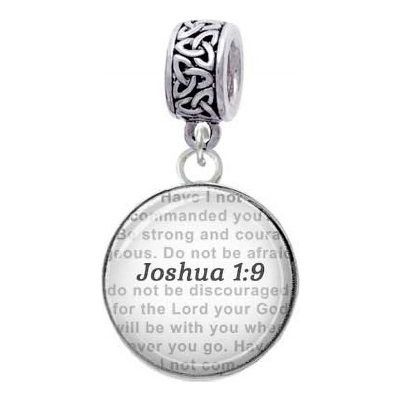 Silvertone Domed Joshua 1:9 - Celtic Knot Charm Bead