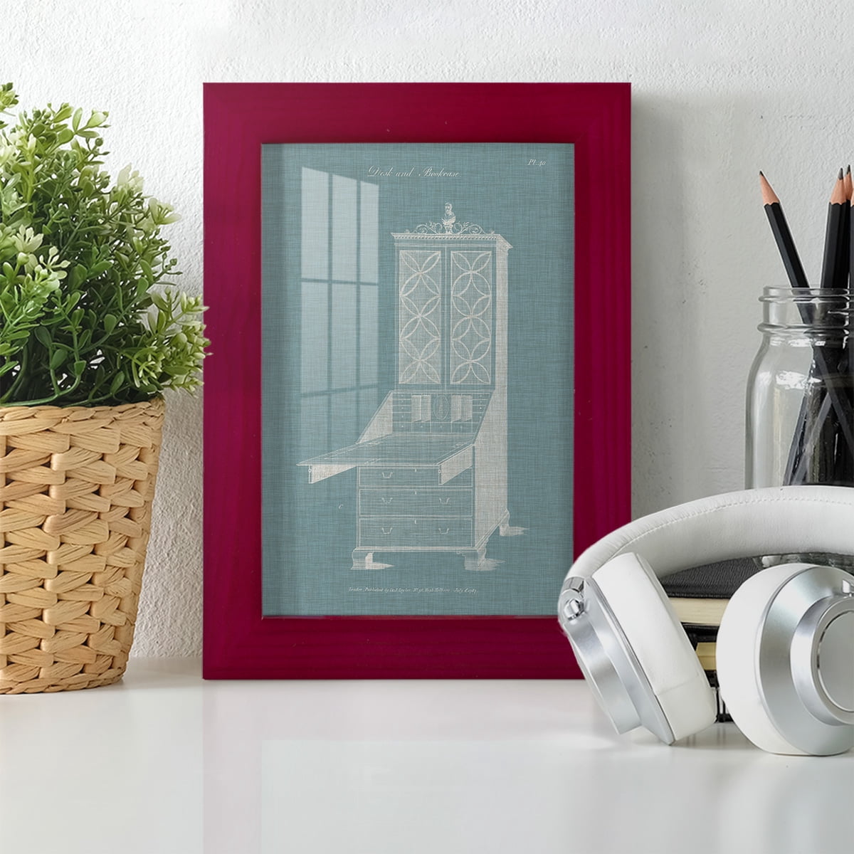 Hepplewhite Desk & Bookcase II - Framed Print w/glass - Cherry Red