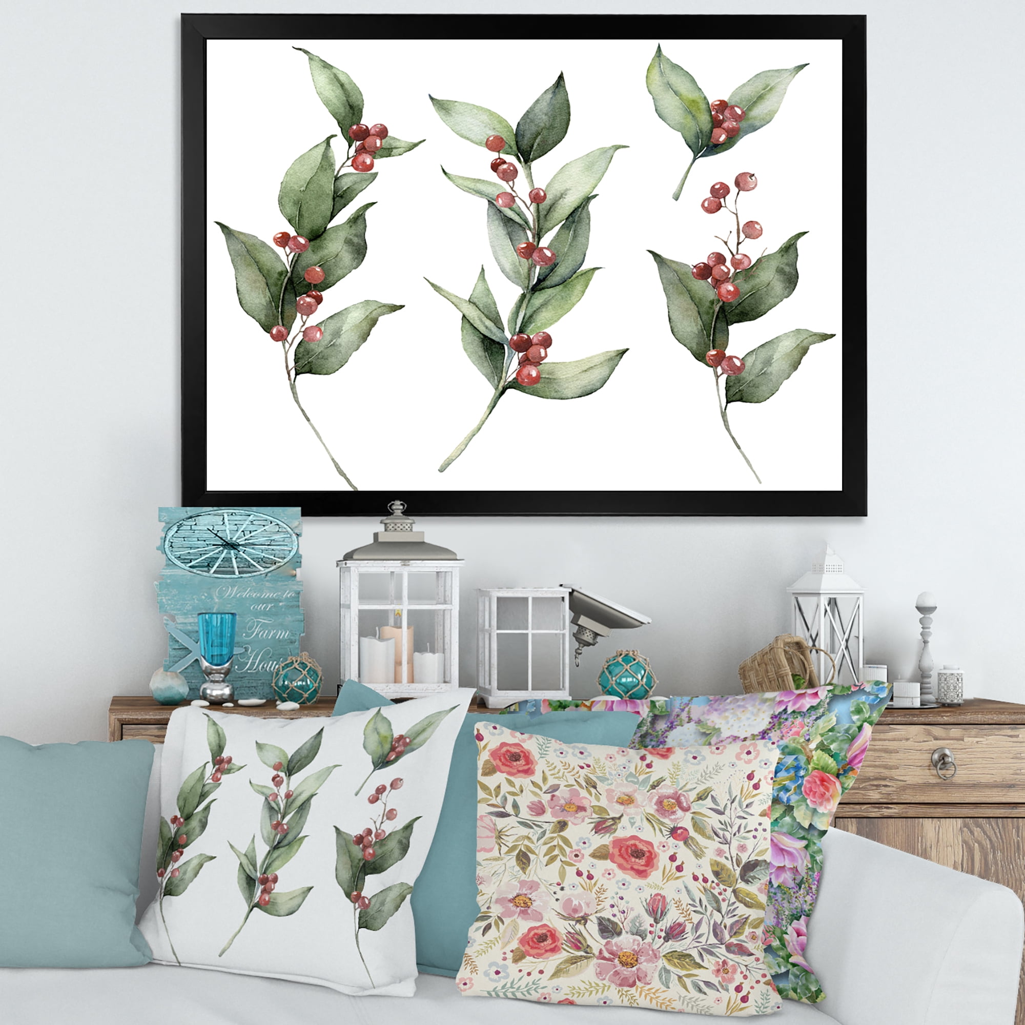 Designart 'Christmas Set Red Berrie With Branches' Traditional Framed Art Print