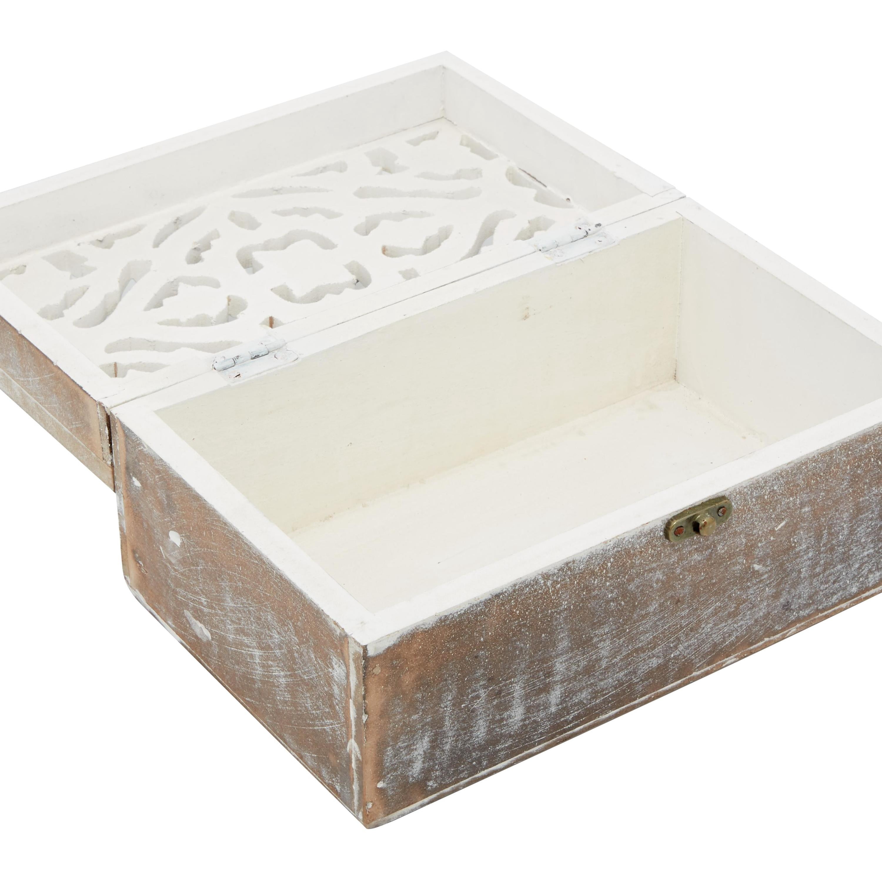 DecMode Floral Handmade Brown Wood Decorative Box with Hinged Lid, 3 Count