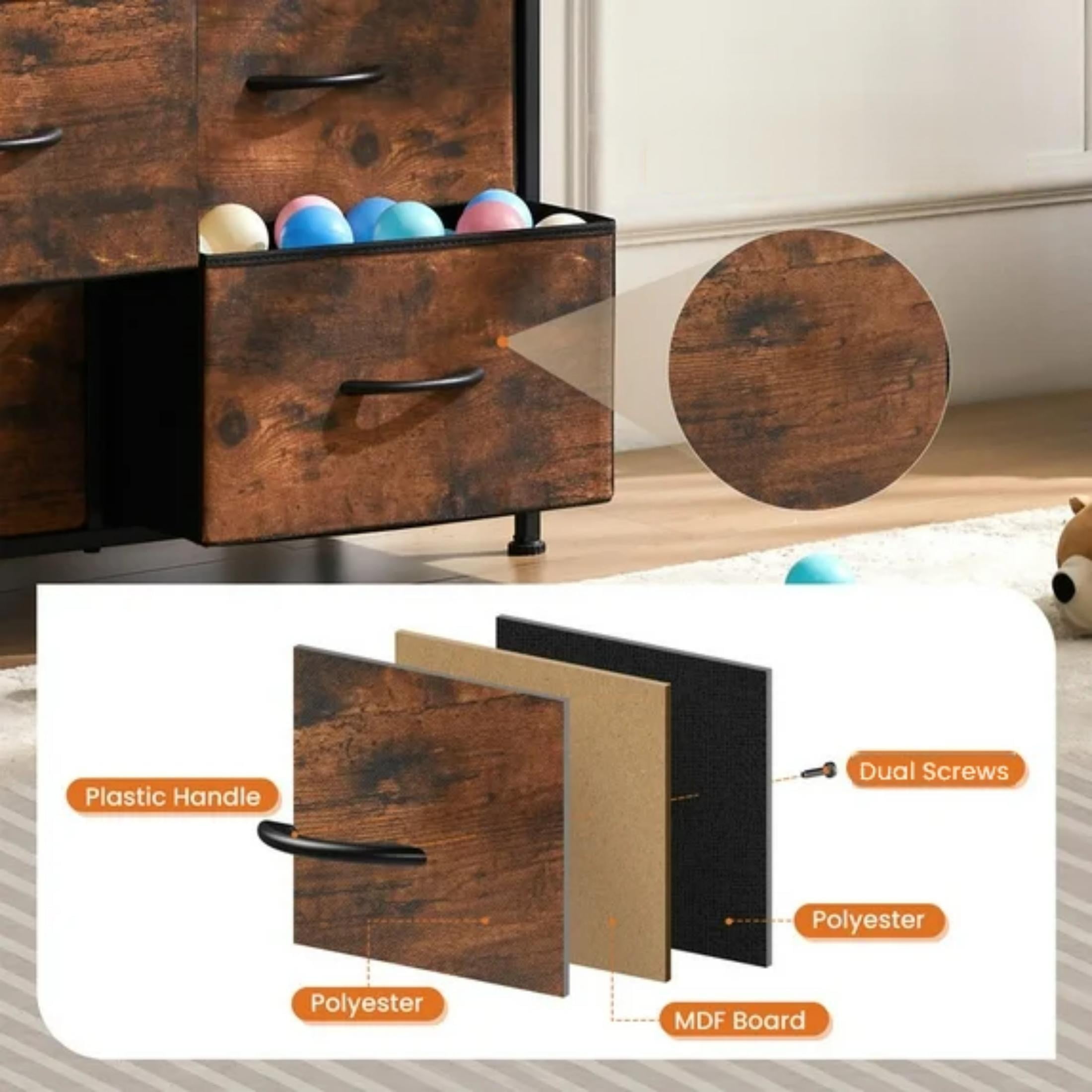CONCETTA 10 Drawer Dresser, Fabric Bedroom Dresser,Storage Oragnization Nightstand, Home Organizer for Bedroom, Living Room, Study Room and Hallway, Black Rust