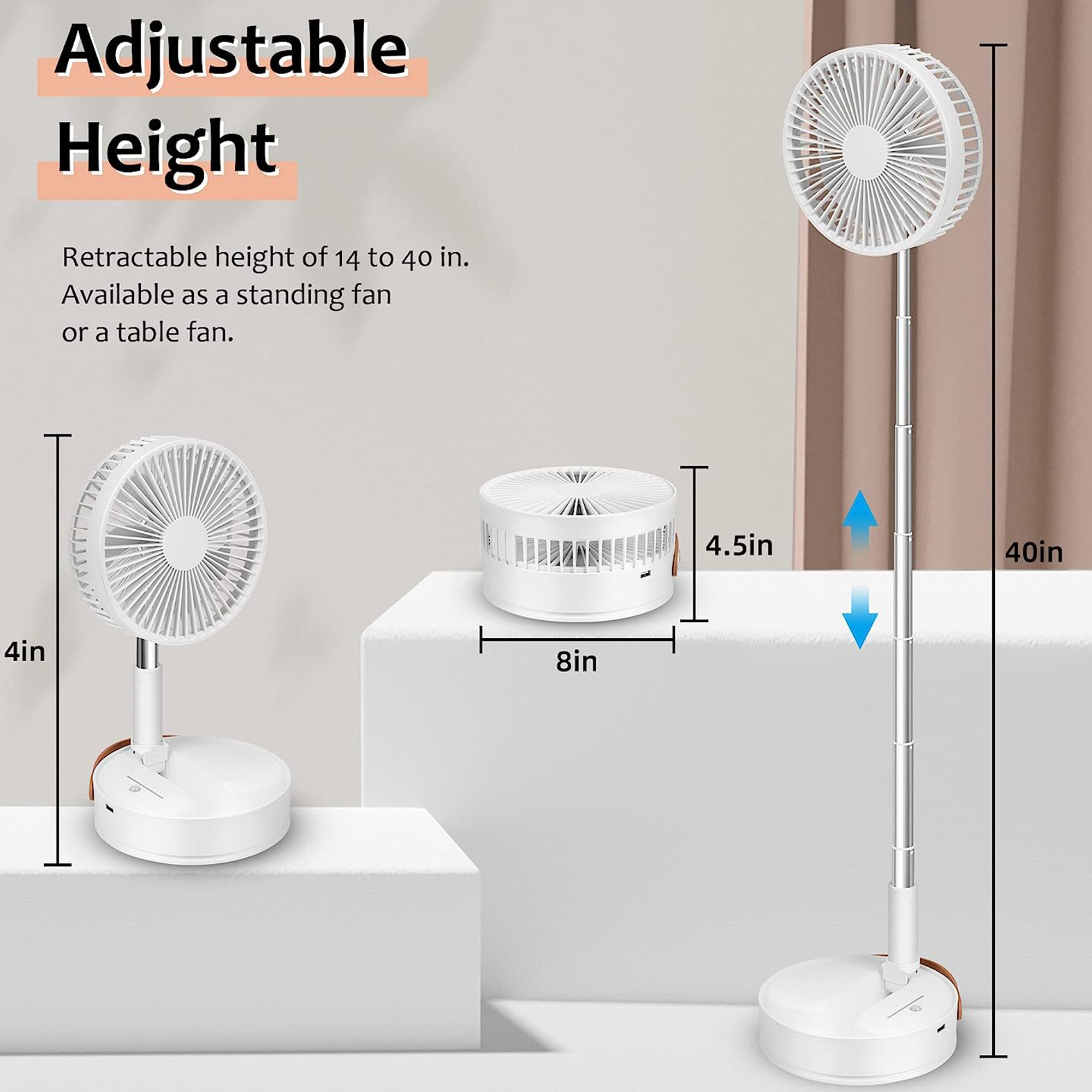 Uarter Portable Fans 7200mA Rechargeable Foldable Fan with Night Light Floor Pedestal Standing Fan for Home Office Outdoor